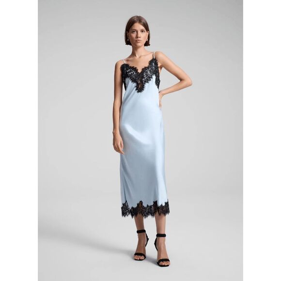 A.L.C. Lennon Satin and Lace Midi Dress in Cascade Black Size Small $595 - Picture 2 of 12